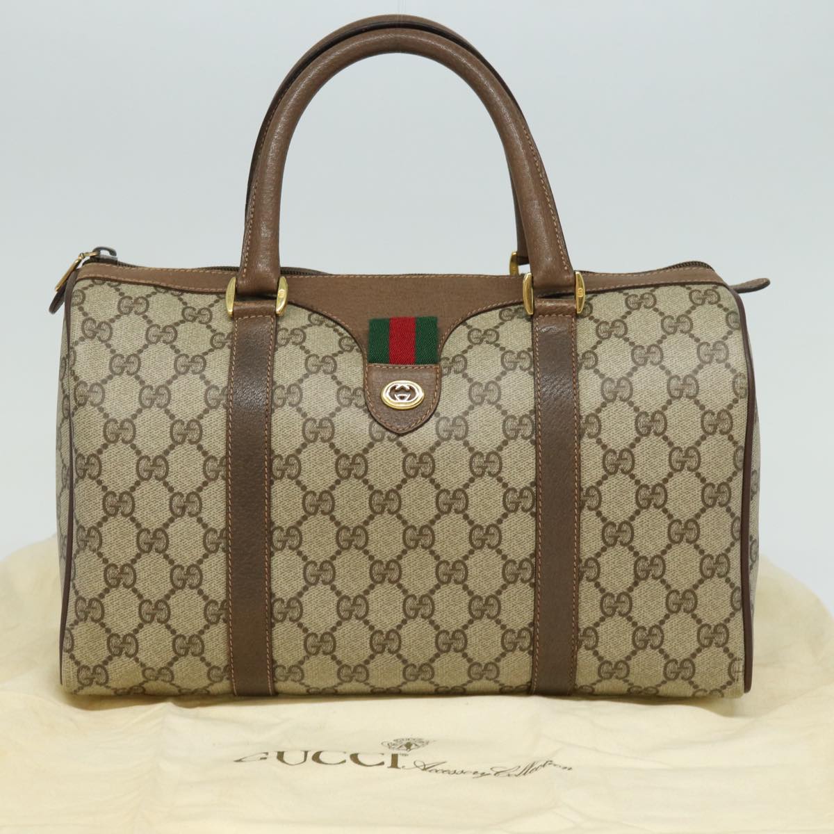 GUCCI GG Supreme Web Sherry Line Boston Bag PVC Beige 40 02 007 bs15457