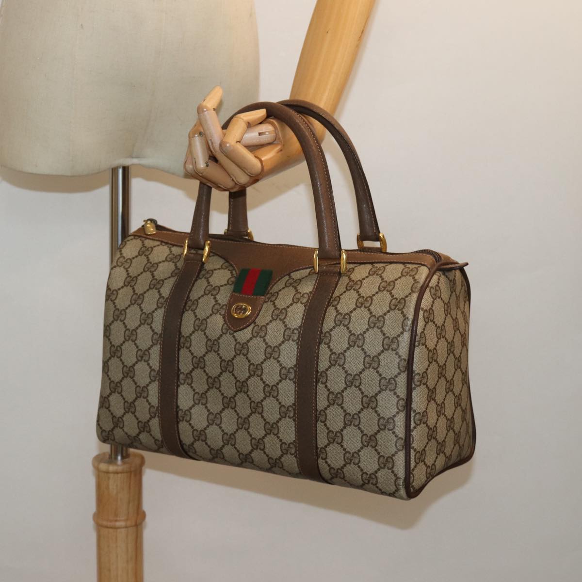 GUCCI GG Supreme Web Sherry Line Boston Bag PVC Beige 40 02 007 bs15457