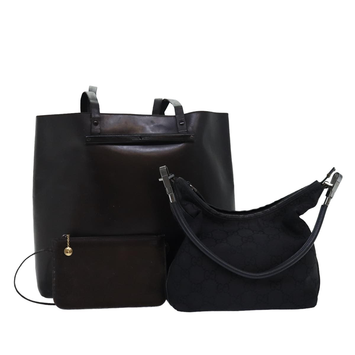 GUCCI GG Canvas Shoulder Bag Leather 2Set Brown Black bs15480
