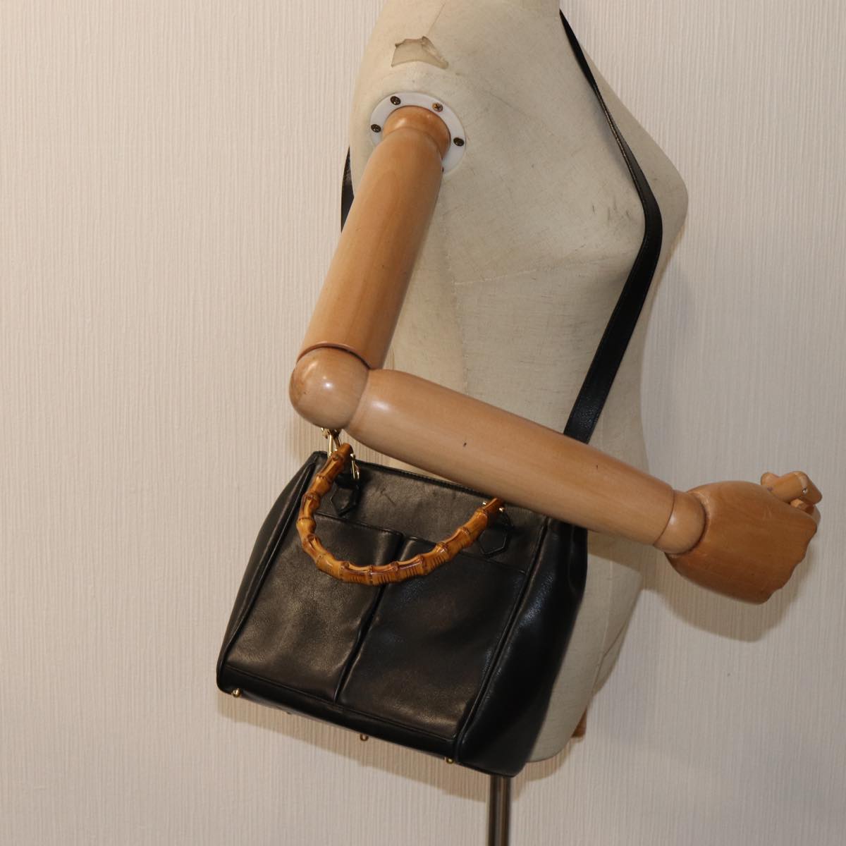 GUCCI Bamboo Hand Bag Leather 2way Black bs15878
