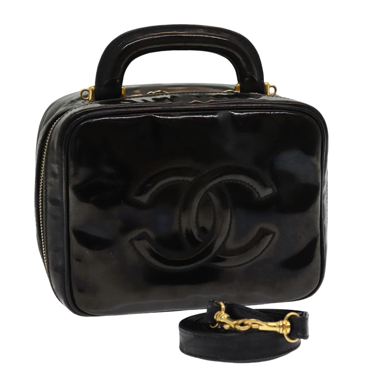 CHANEL COCO Mark Vanity Cosmetic Pouch Enamel Black CC bs16068