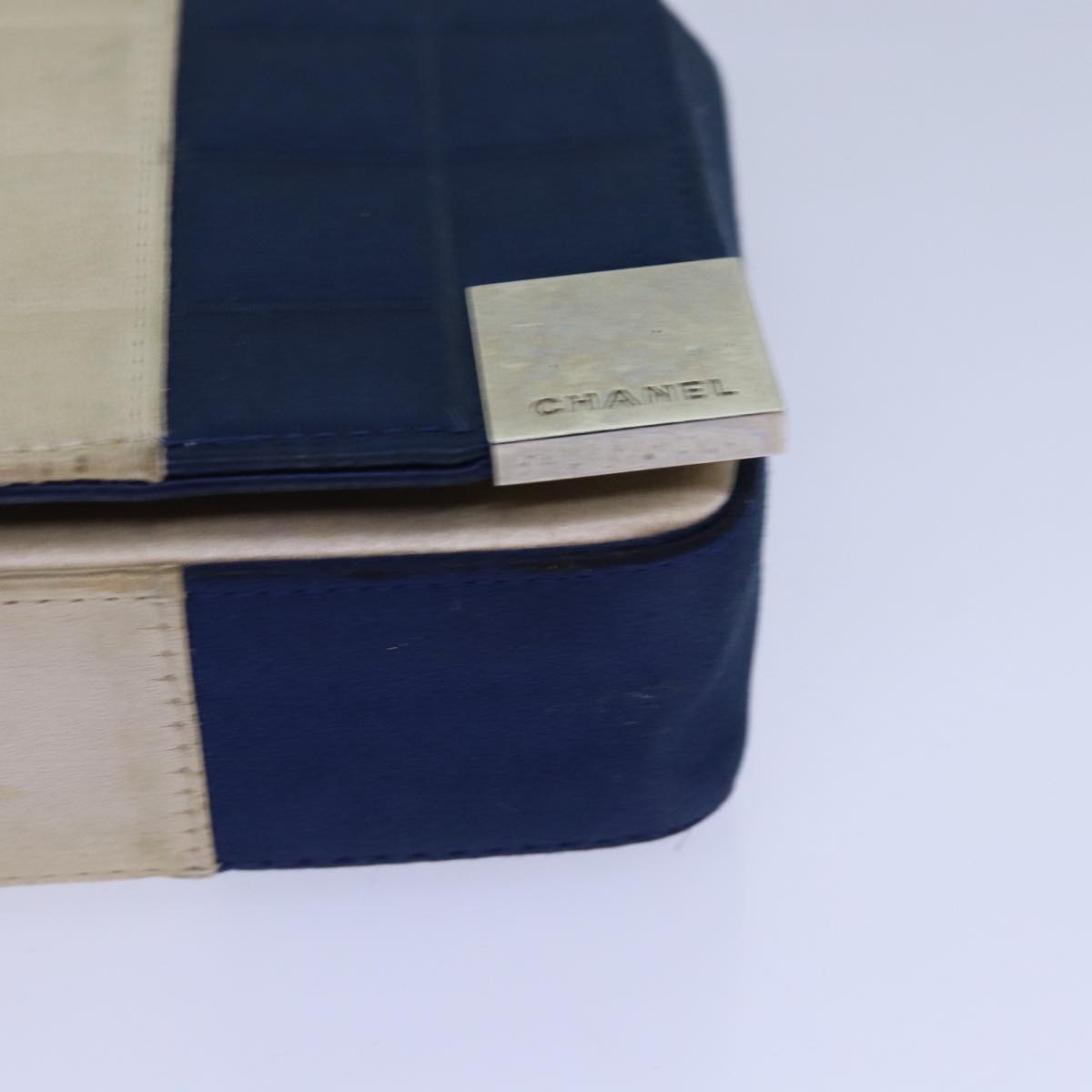 CHANEL Choco Bar Chain Hand Bag Satin Beige Navy CC bs16725