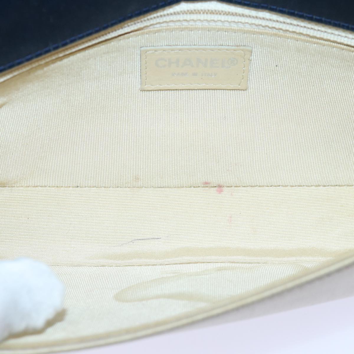 CHANEL Choco Bar Chain Hand Bag Satin Beige Navy CC bs16725