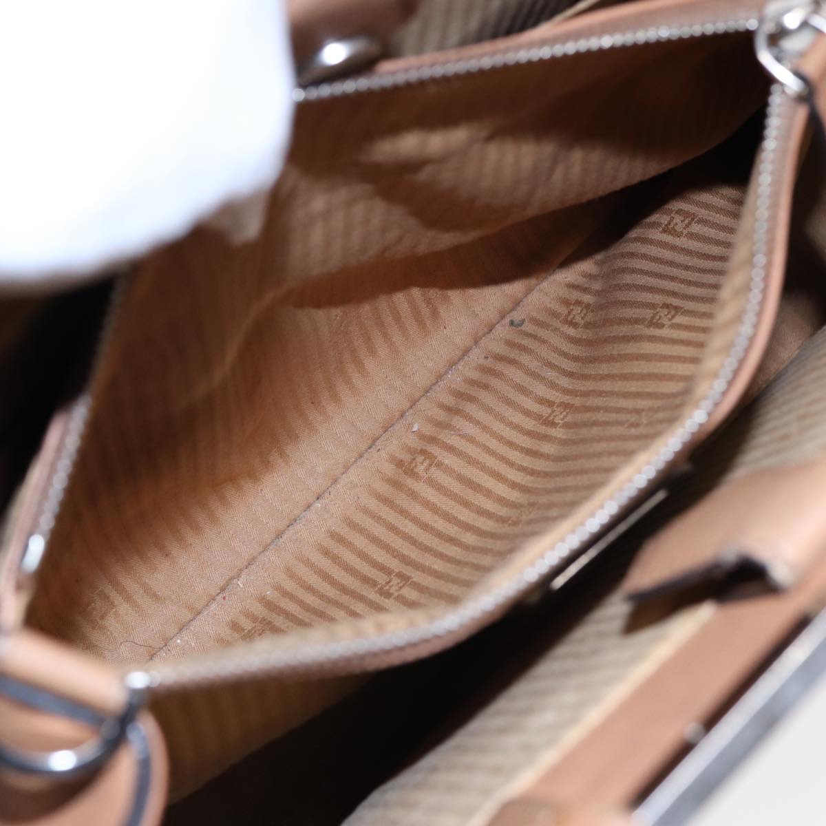 FENDI Hand Bag Leather 2way Beige Silver bs16933
