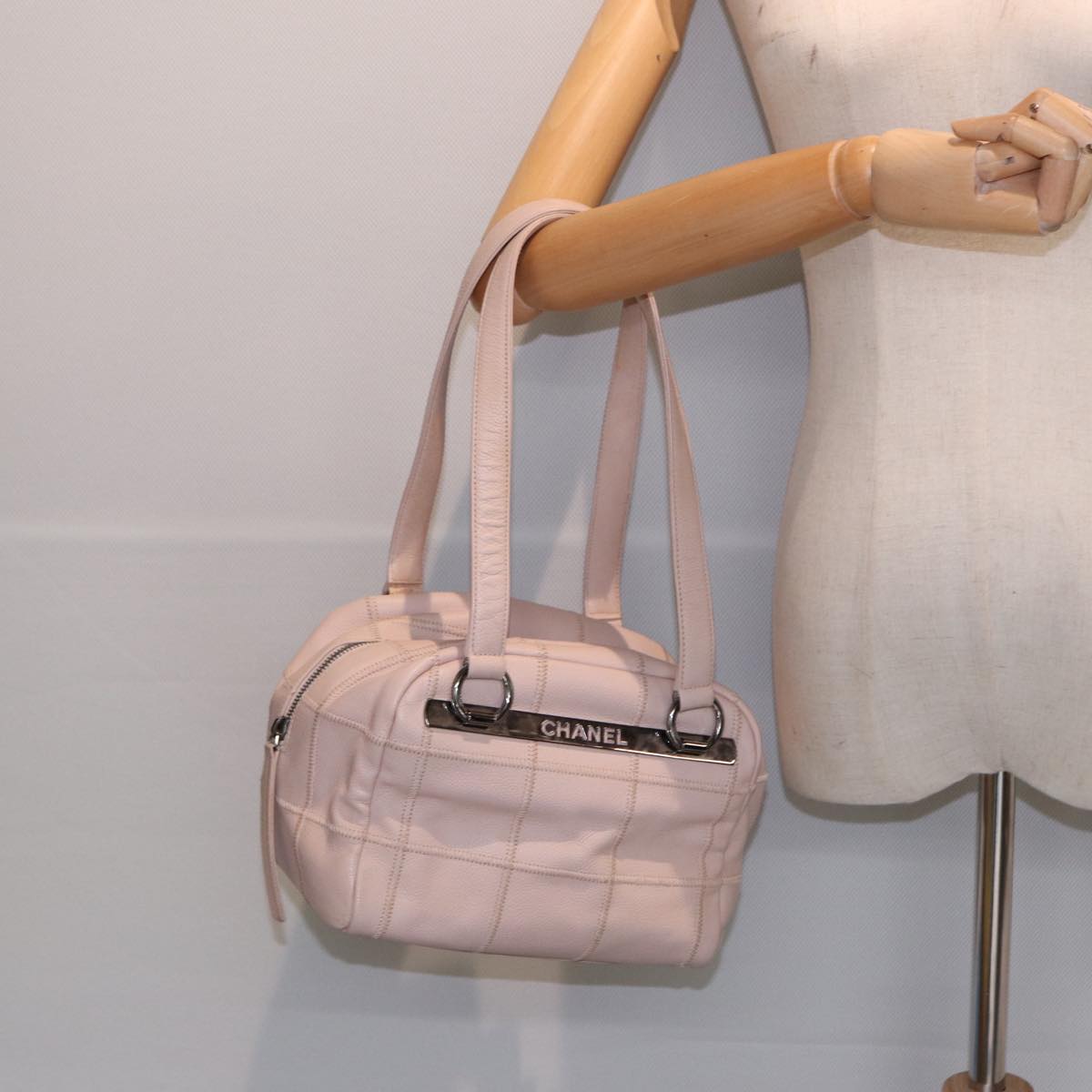 CHANEL Choco Bar Shoulder Bag Caviar Skin Pink Silver CC bs16980