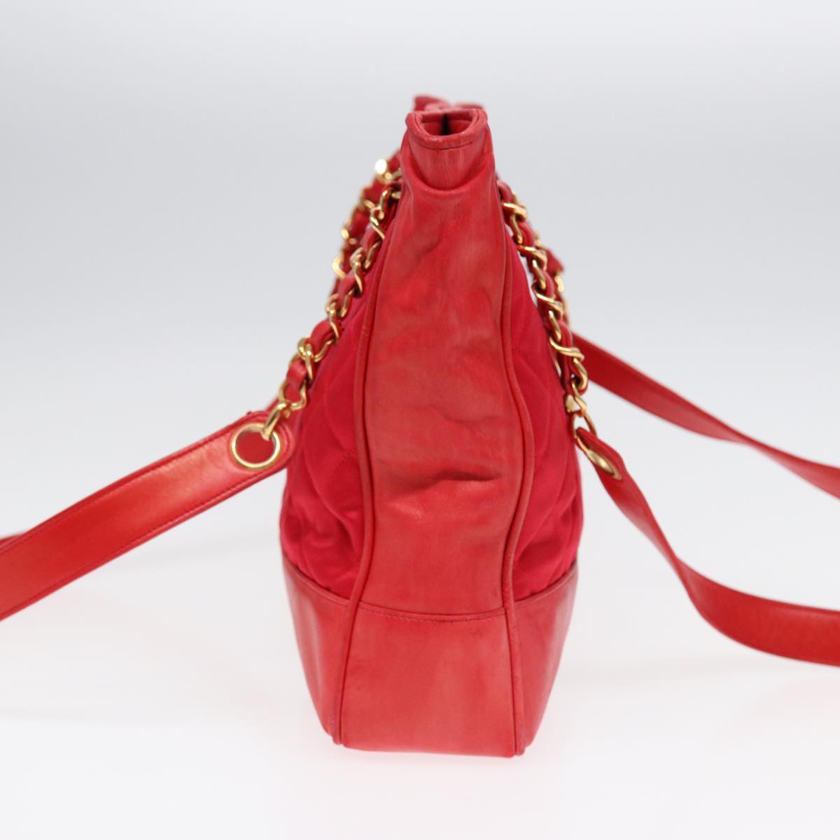 CHANEL Matelasse Chain Shoulder Bag Satin Red Gold CC bs17153