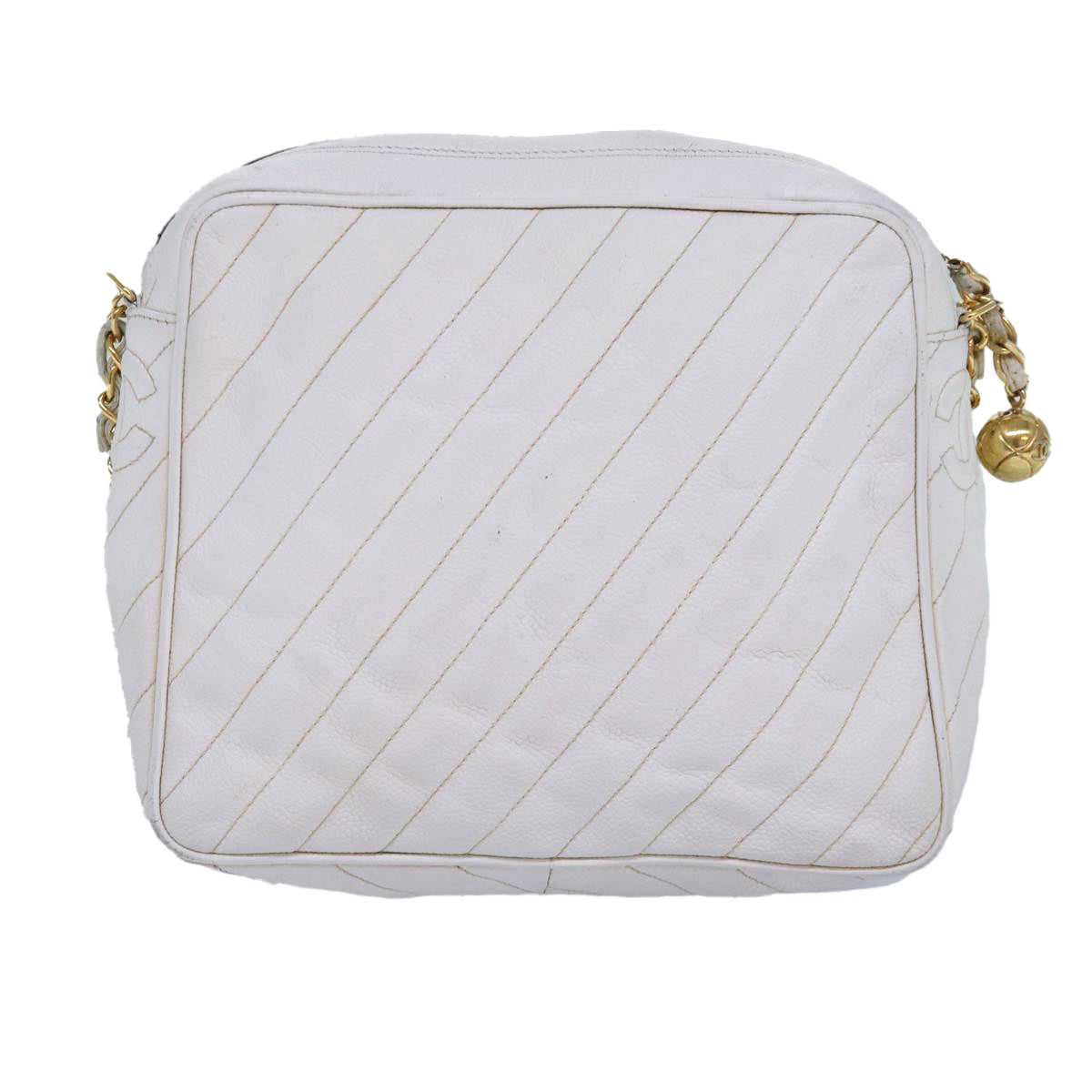 CHANEL Mademoiselle Chain Shoulder Bag Caviar Skin White Gold CC bs17332