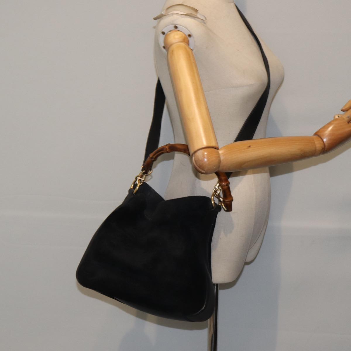 GUCCI Bamboo Hand Bag Suede 2way Black bs17369