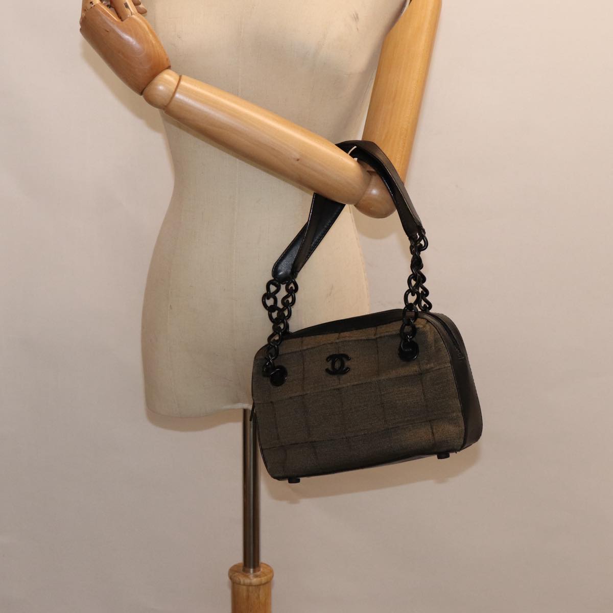 CHANEL Choco Bar Chain Hand Bag Cotton Gray CC bs17534