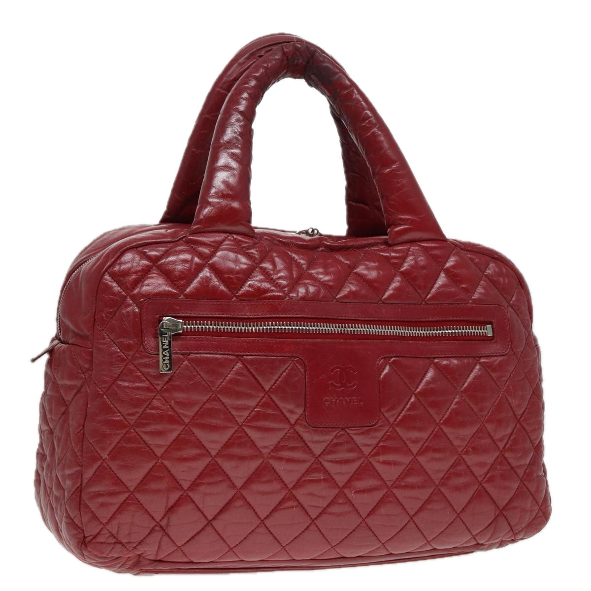 CHANEL Hand Bag Lamb Skin Red Silver CC bs17618