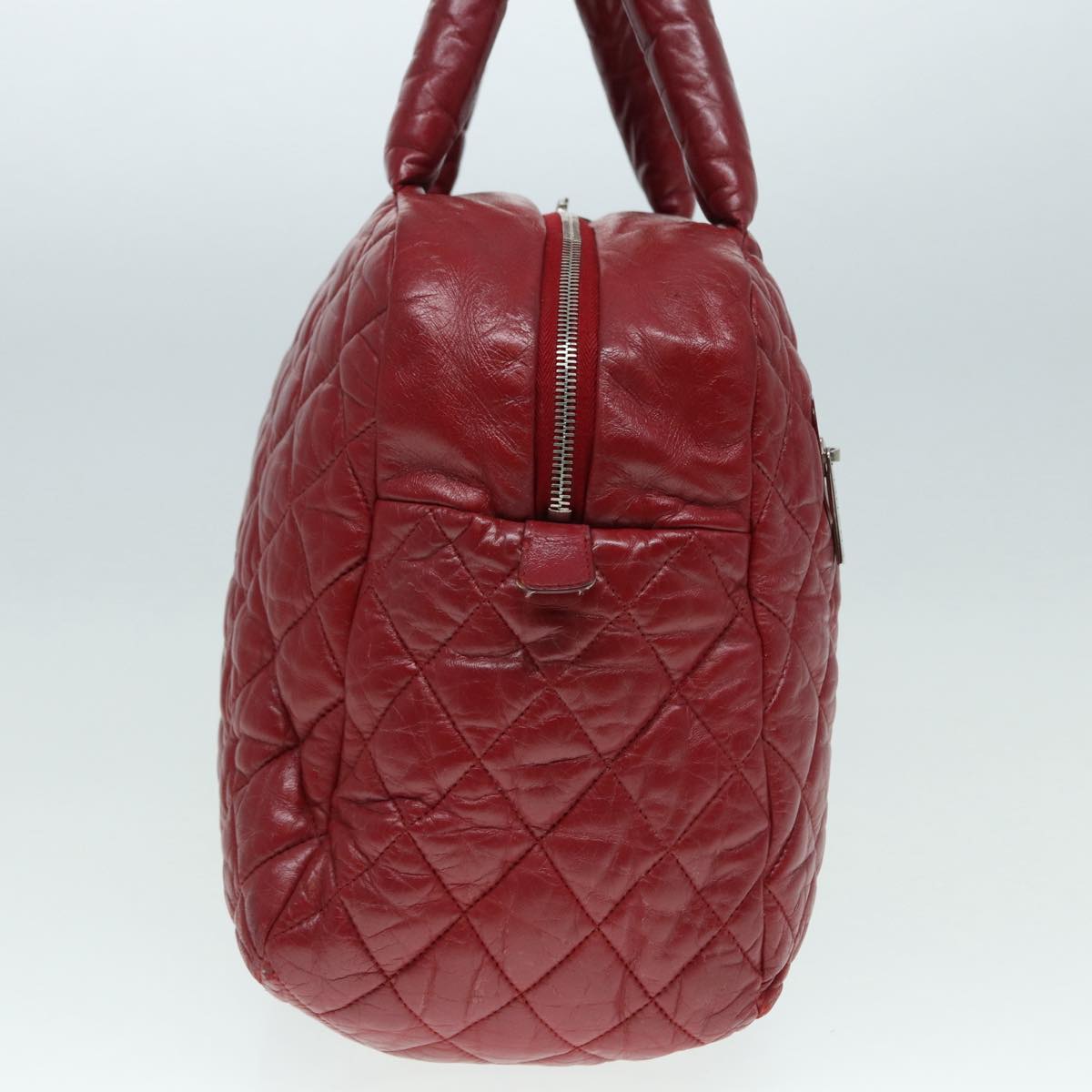 CHANEL Hand Bag Lamb Skin Red Silver CC bs17618
