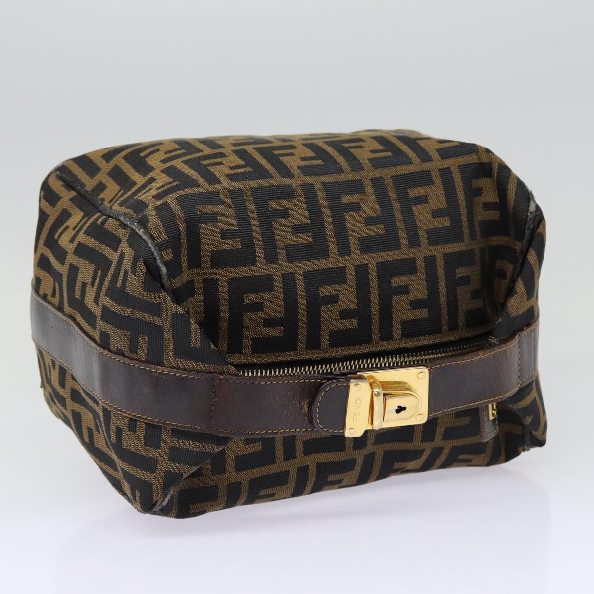 FENDI Zucca Canvas Vanity Hand Bag Brown Black gold bs17761