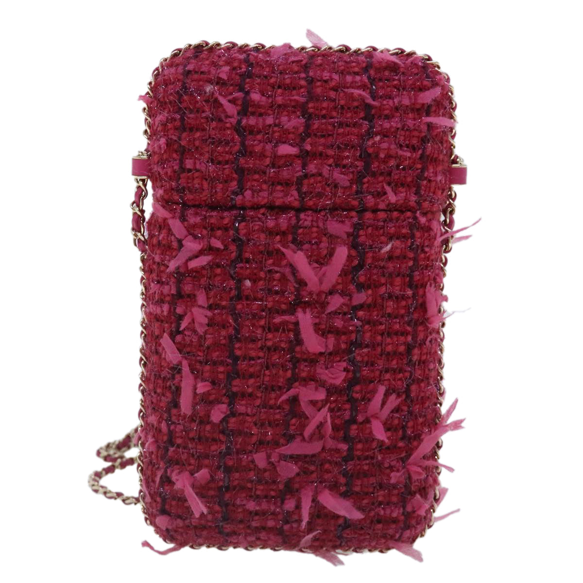 CHANEL Smartphone Case Chain Shoulder Bag Tweed Gold Pink CC bs18176