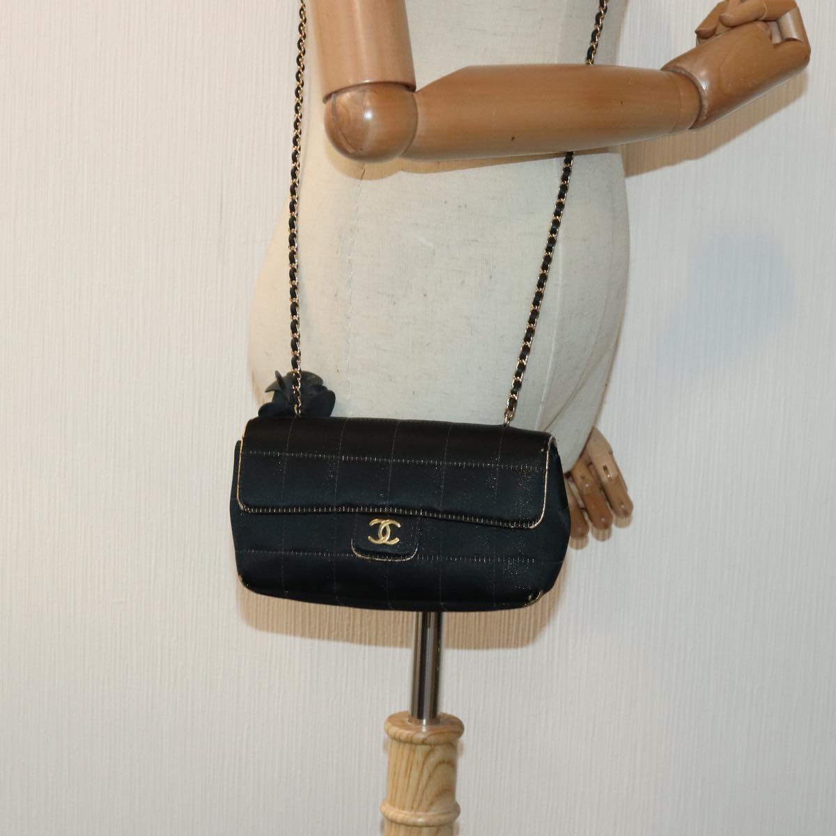 CHANEL Choco Bar Chain Shoulder Bag Satin Black CC bs18254