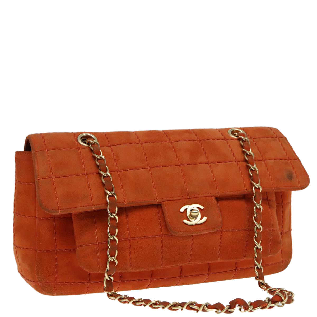 CHANEL Choco Bar Chain Shoulder Bag Suede Gold Orange CC bs18325