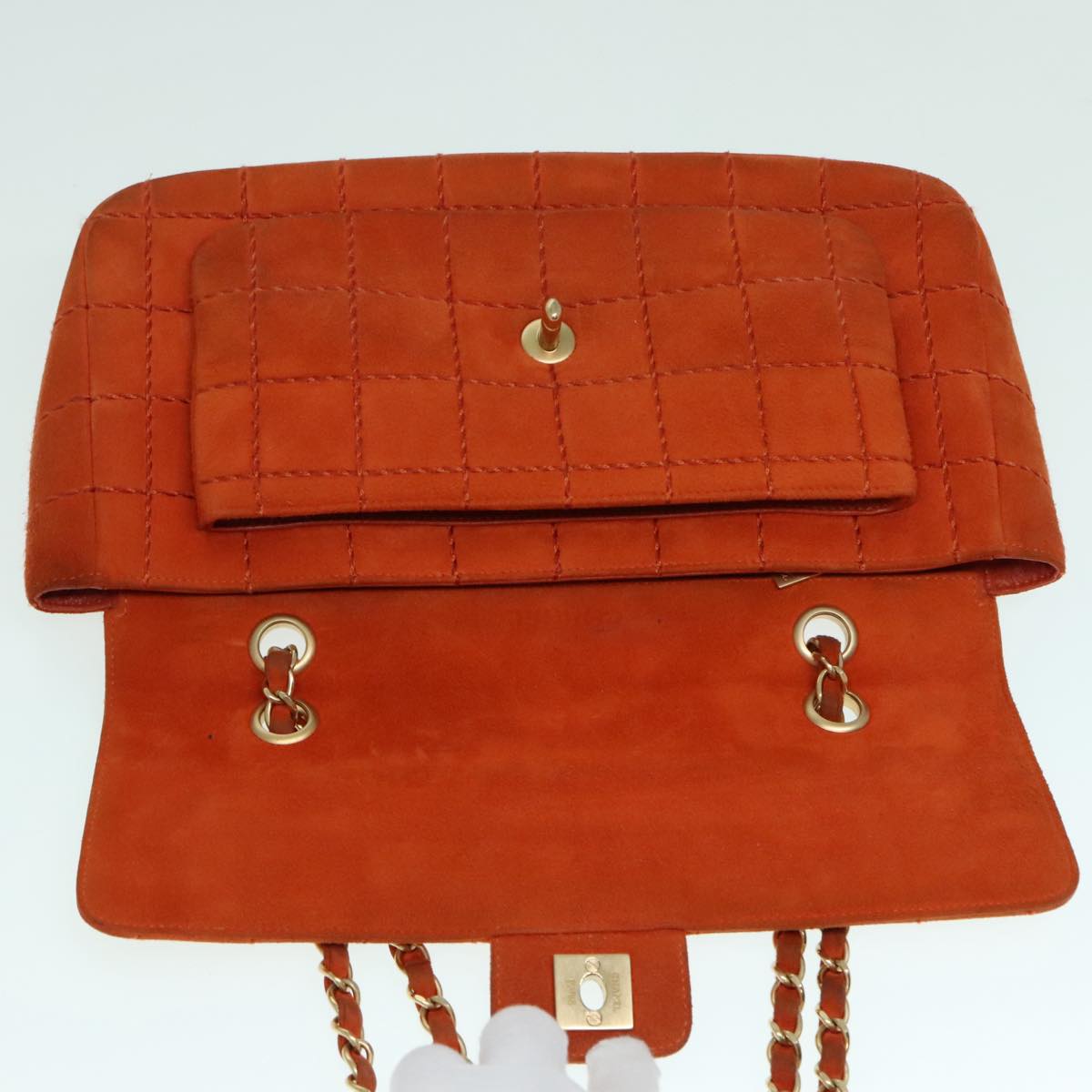CHANEL Choco Bar Chain Shoulder Bag Suede Gold Orange CC bs18325