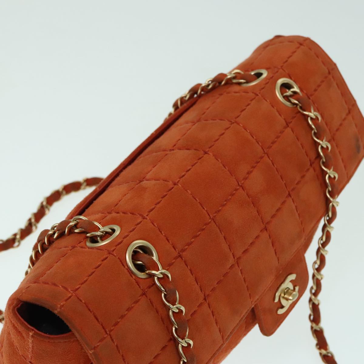 CHANEL Choco Bar Chain Shoulder Bag Suede Gold Orange CC bs18325