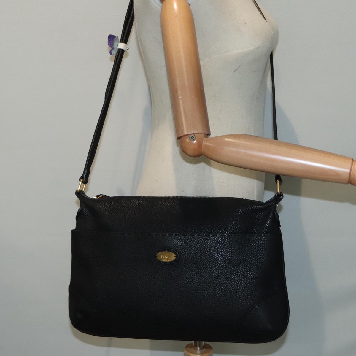 FENDI Celeria Shoulder Bag Leather Black Gold bs18442