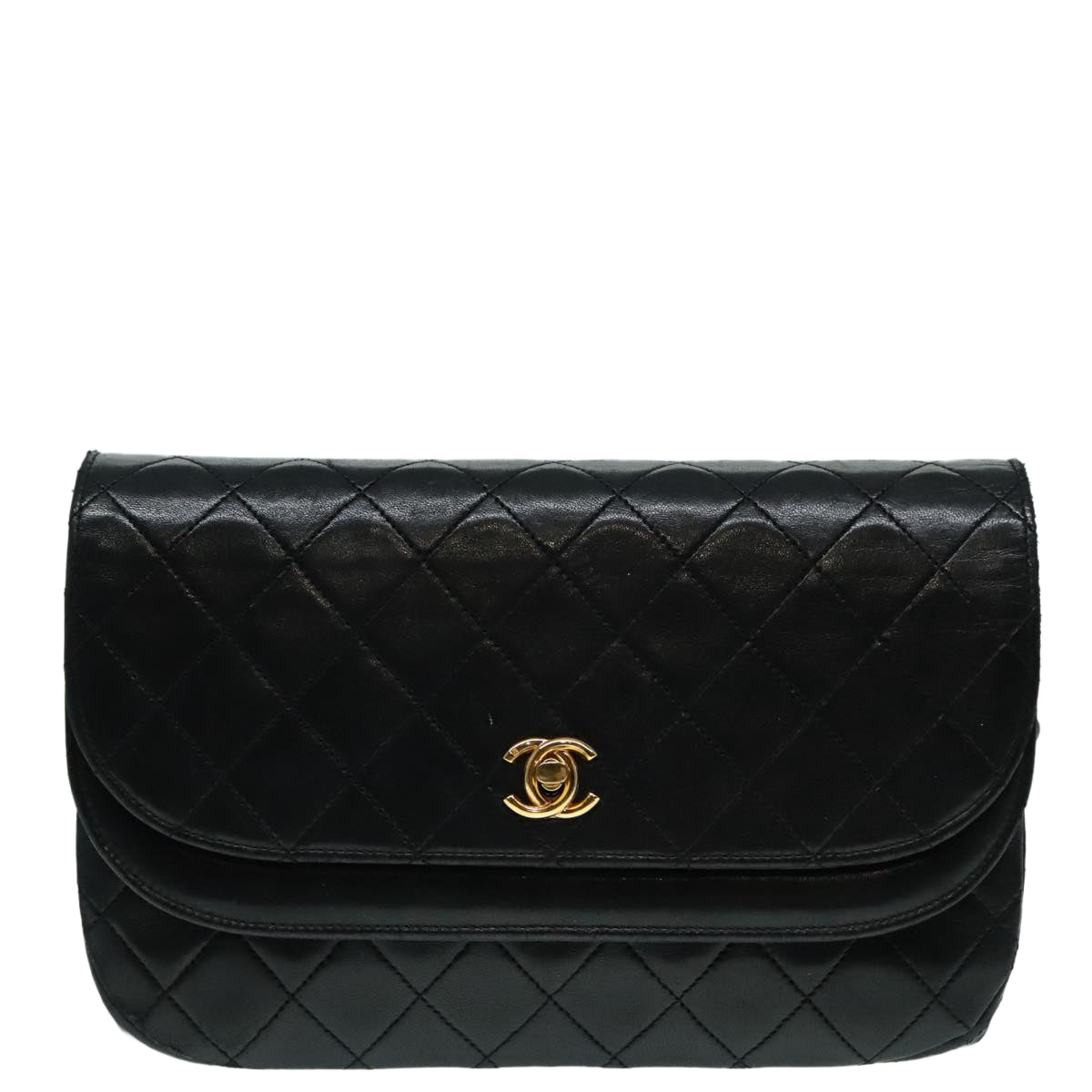 CHANEL Matelasse Chain Shoulder Bag Lamb Skin Gold Black CC bs18449