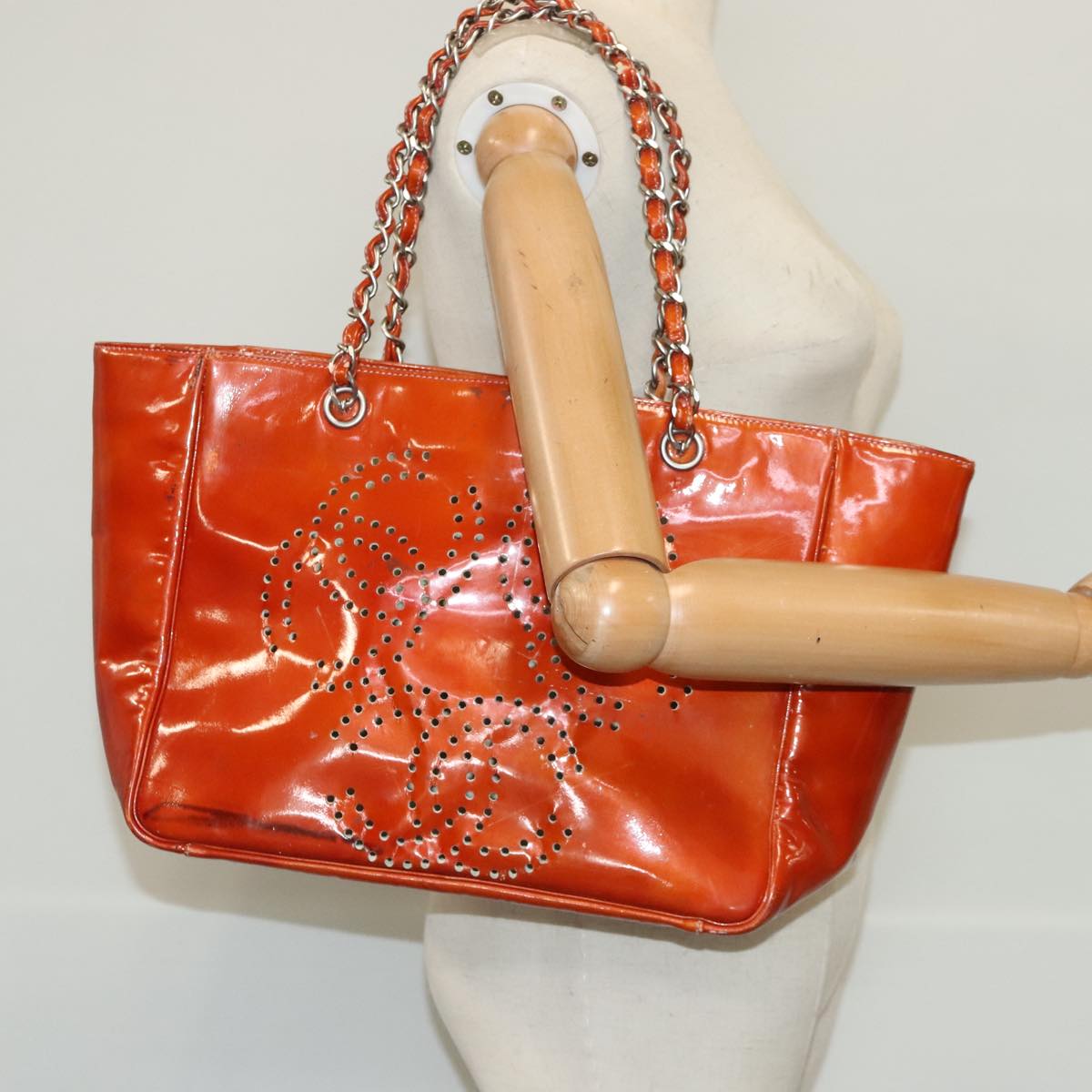 CHANEL Triple Coco Chain Tote Bag Patent leather Orange Silver CC bs18659