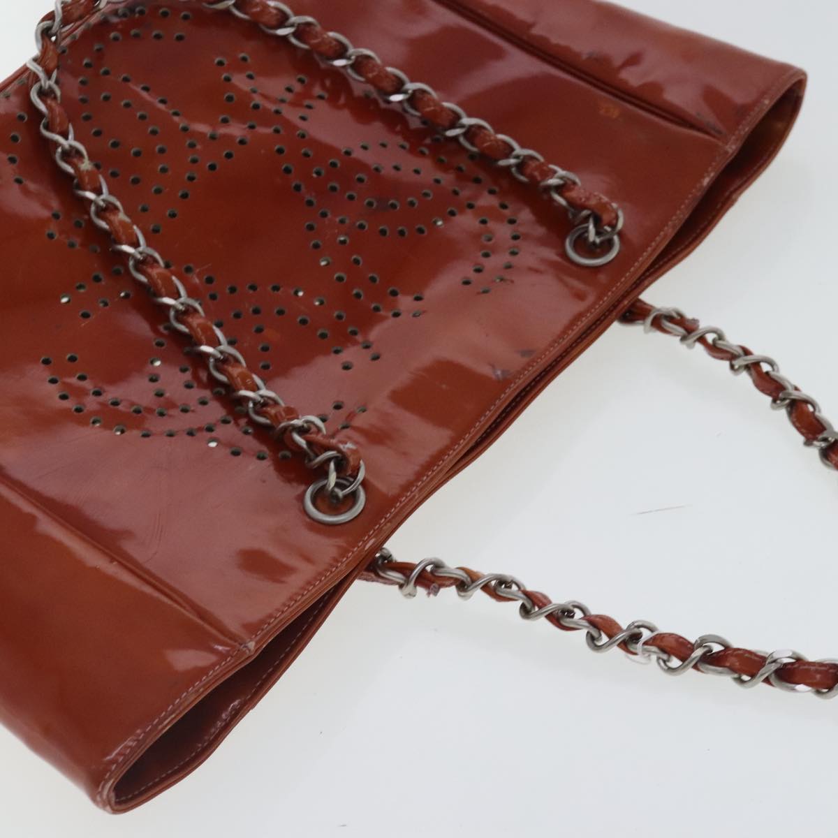 CHANEL Triple Coco Chain Tote Bag Patent leather Orange Silver CC bs18659