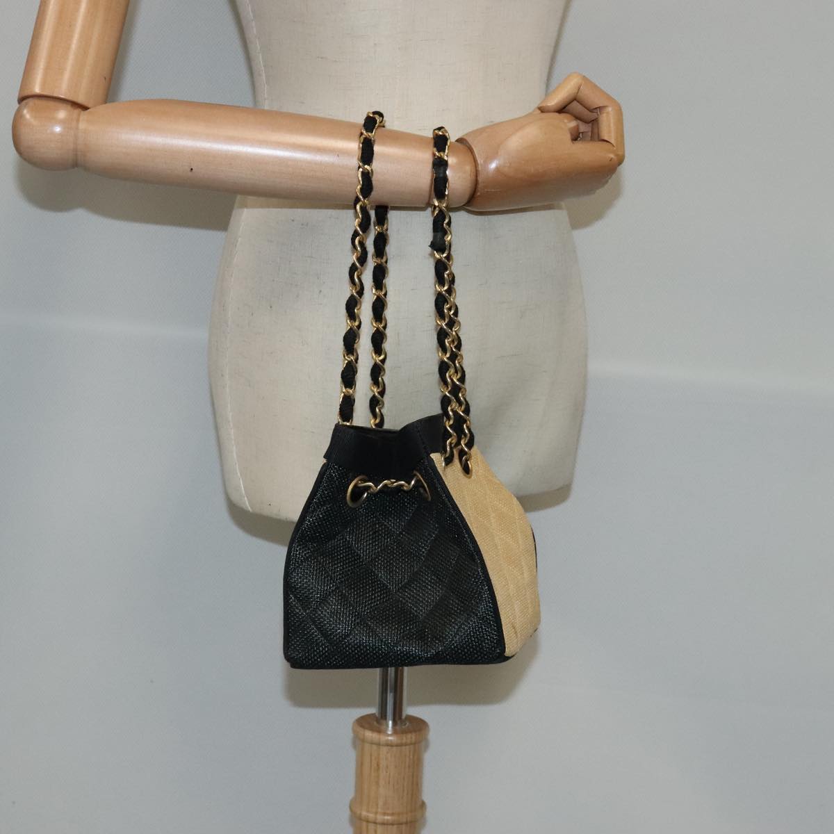 CHANEL Hand Bag straw Beige Black CC bs18882