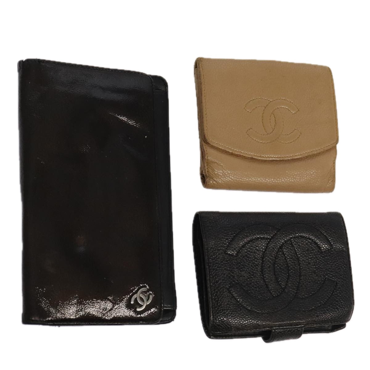 CHANEL Wallet Leather 3Set Black Beige CC bs18941