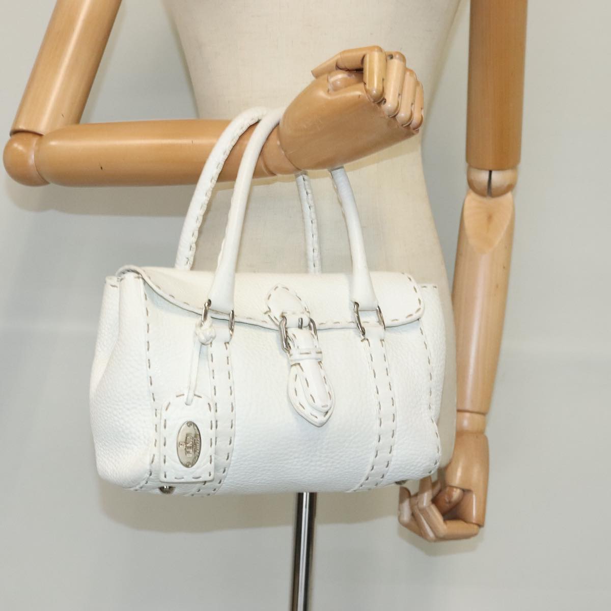 FENDI Celeria Hand Bag Leather White Silver bs19022