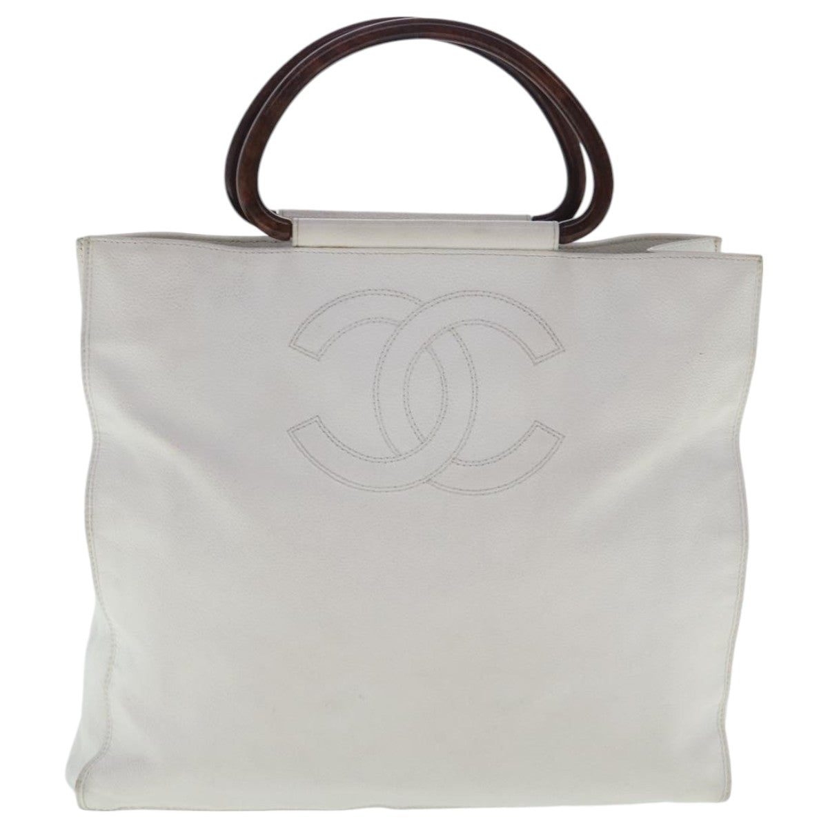 CHANEL Hand Bag Caviar Skin White Gold CC bs19209