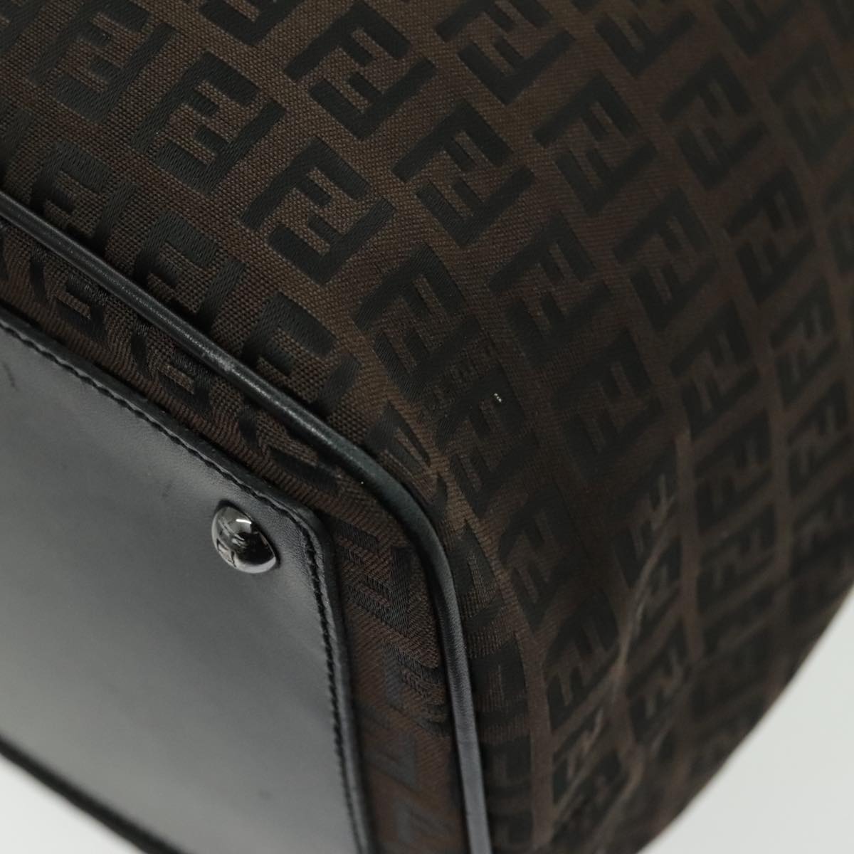 FENDI Zucchino Canvas Boston Bag Dark Brown Black Silver bs19297