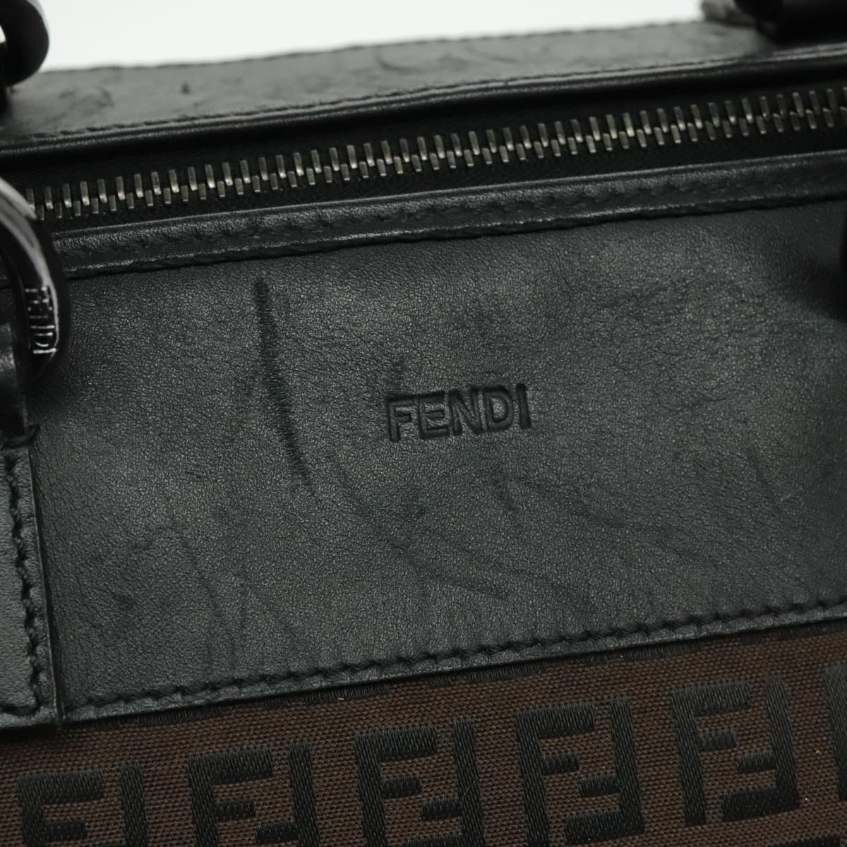 FENDI Zucchino Canvas Boston Bag Dark Brown Black Silver bs19297