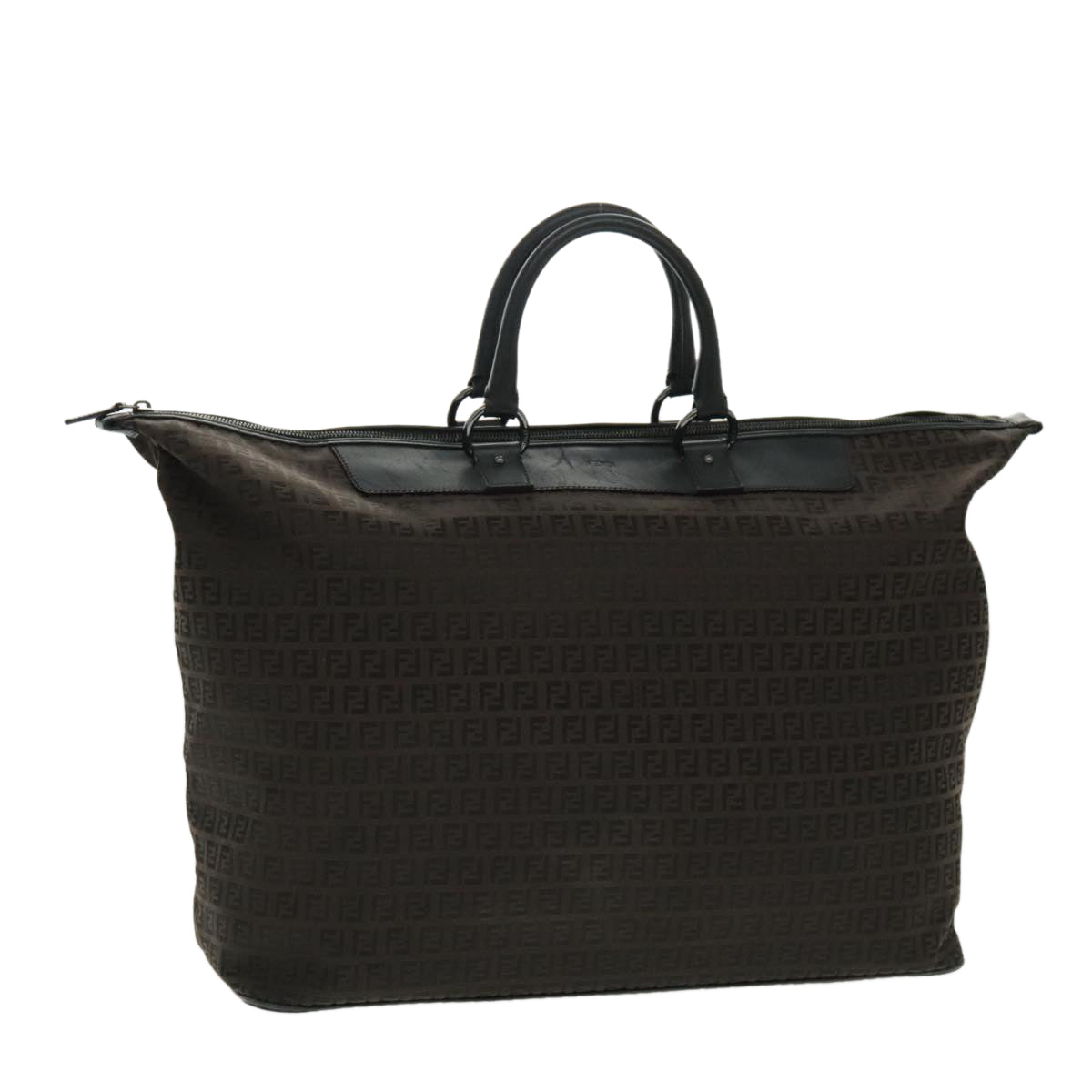 FENDI Zucchino Canvas Boston Bag Dark Brown Black Silver bs19297
