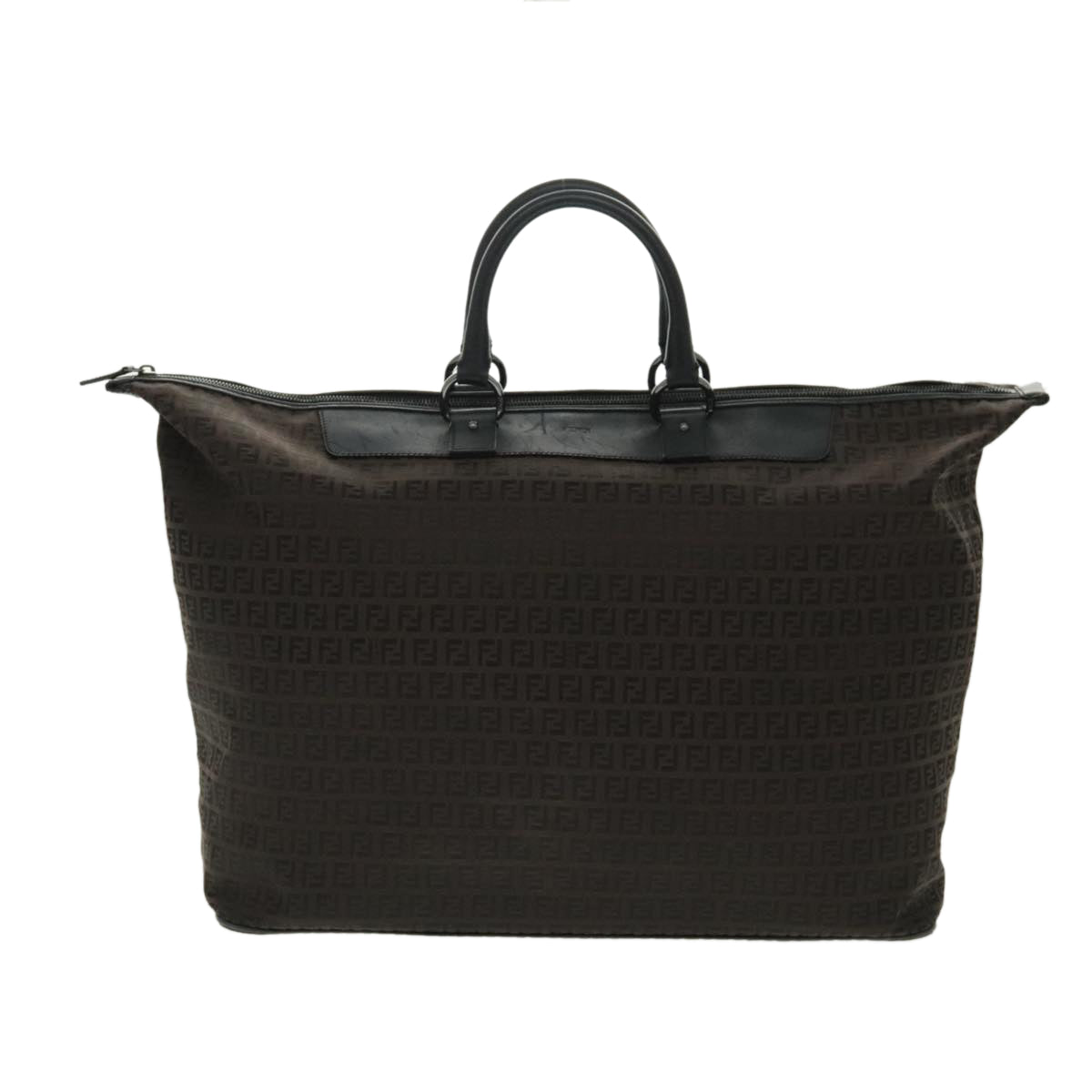 FENDI Zucchino Canvas Boston Bag Dark Brown Black Silver bs19297