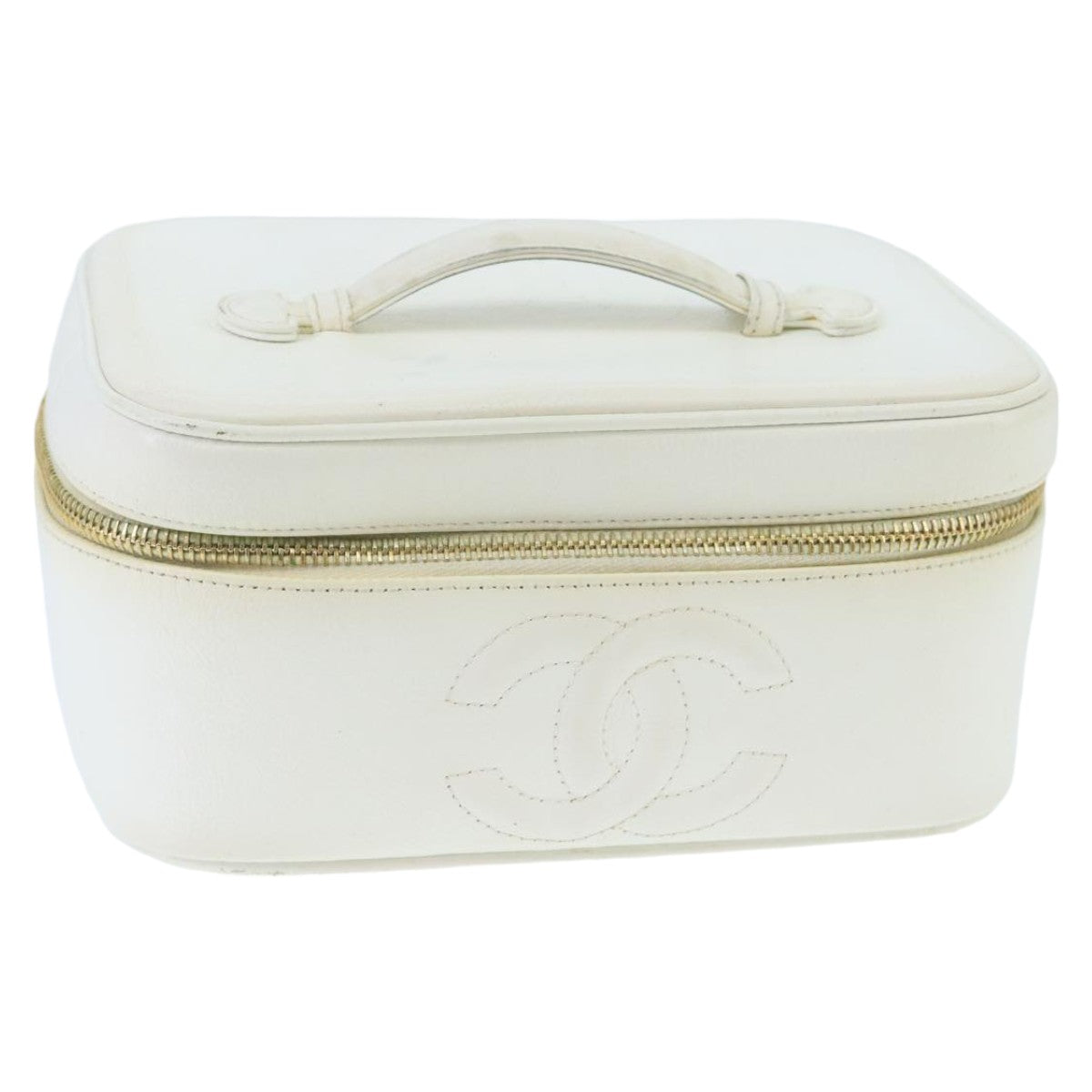 CHANEL COCO Mark Vanity Pouch Caviar Skin White Gold CC bs19425