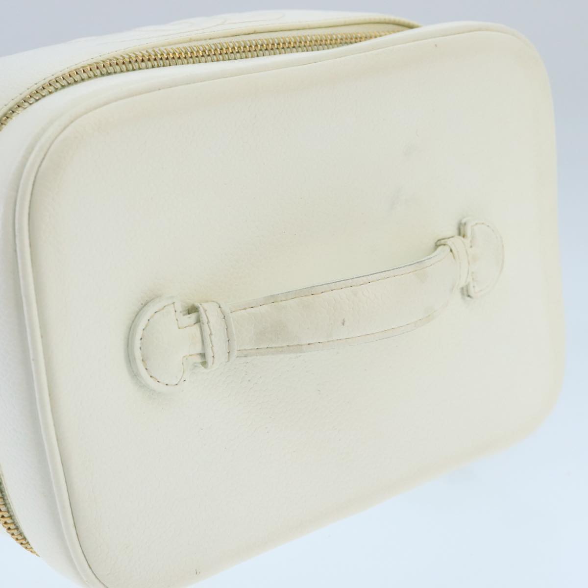 CHANEL COCO Mark Vanity Pouch Caviar Skin White Gold CC bs19425