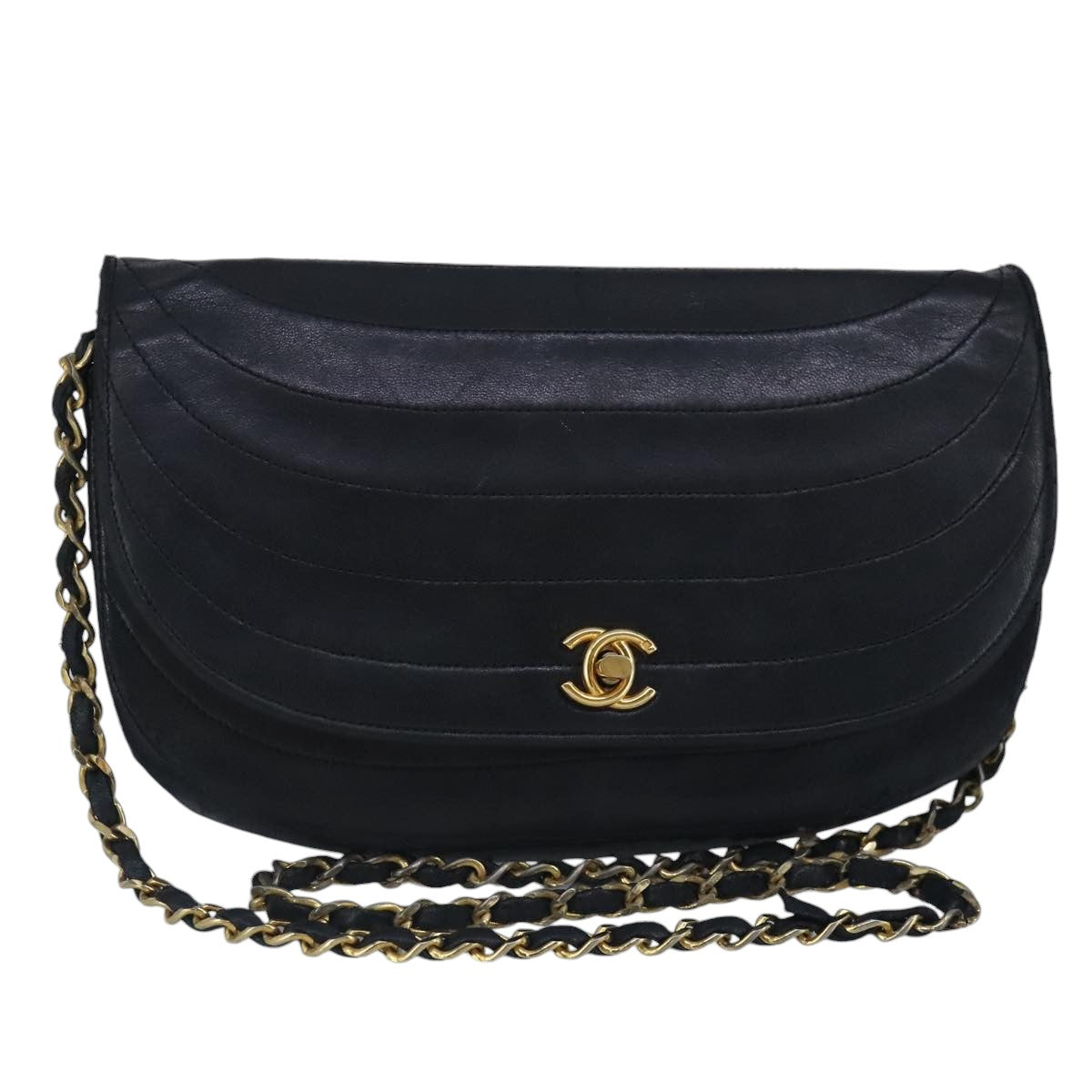 CHANEL Chain Shoulder Bag Lamb Skin Black Gold CC bs19645