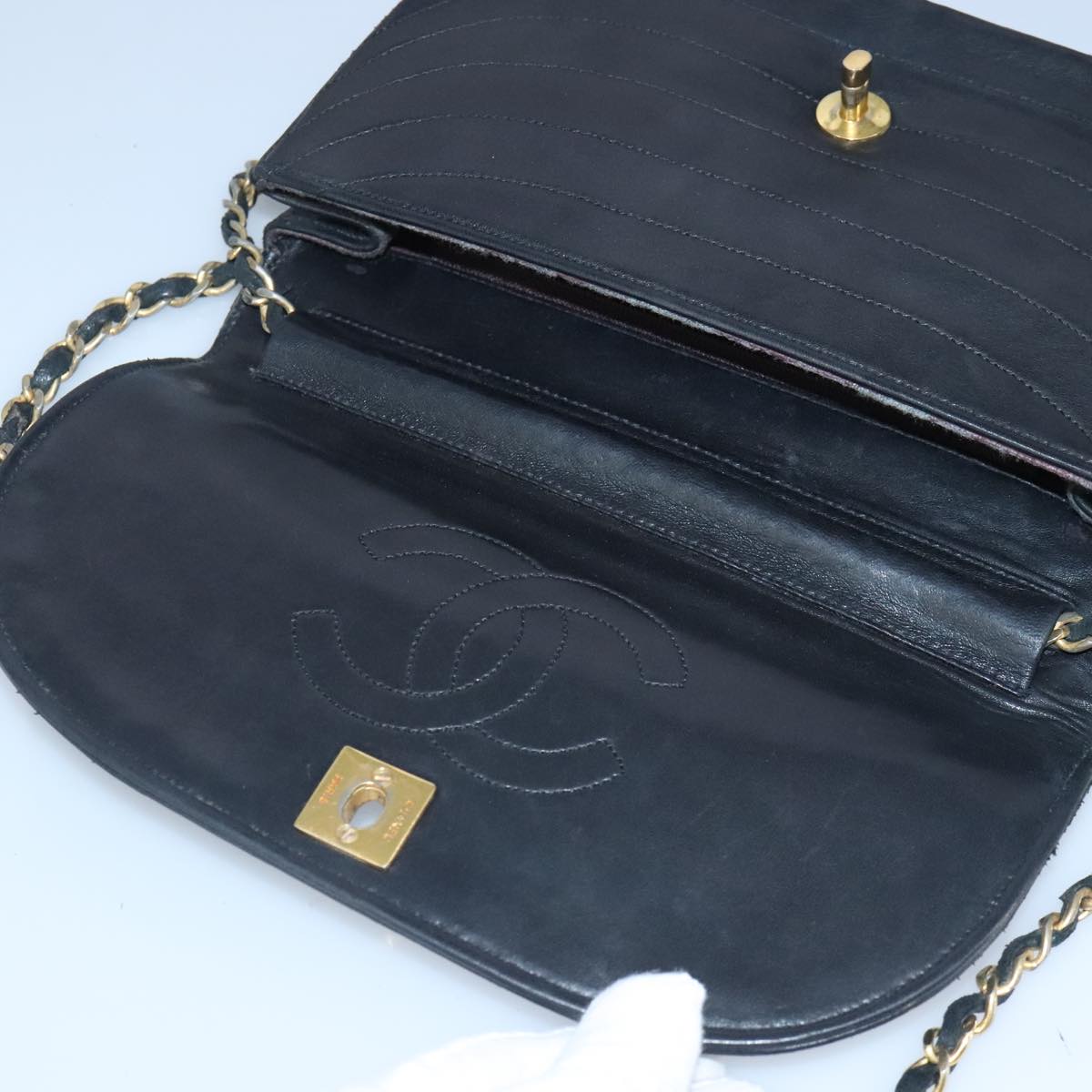 CHANEL Chain Shoulder Bag Lamb Skin Black Gold CC bs19645