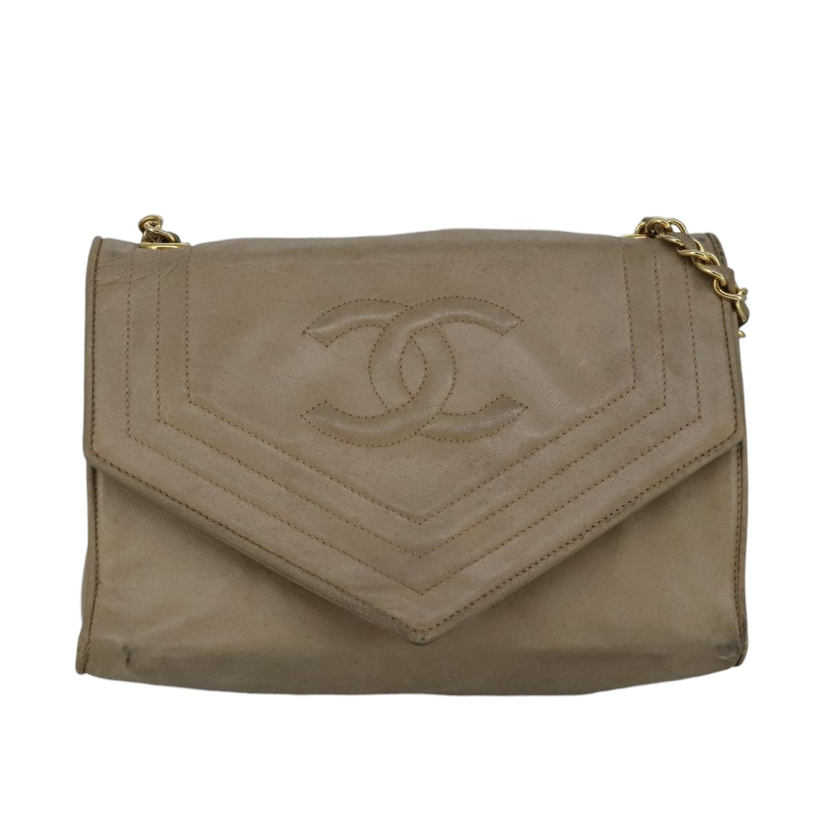 CHANEL Chain Shoulder Bag Lamb Skin Beige Gold CC bs19652