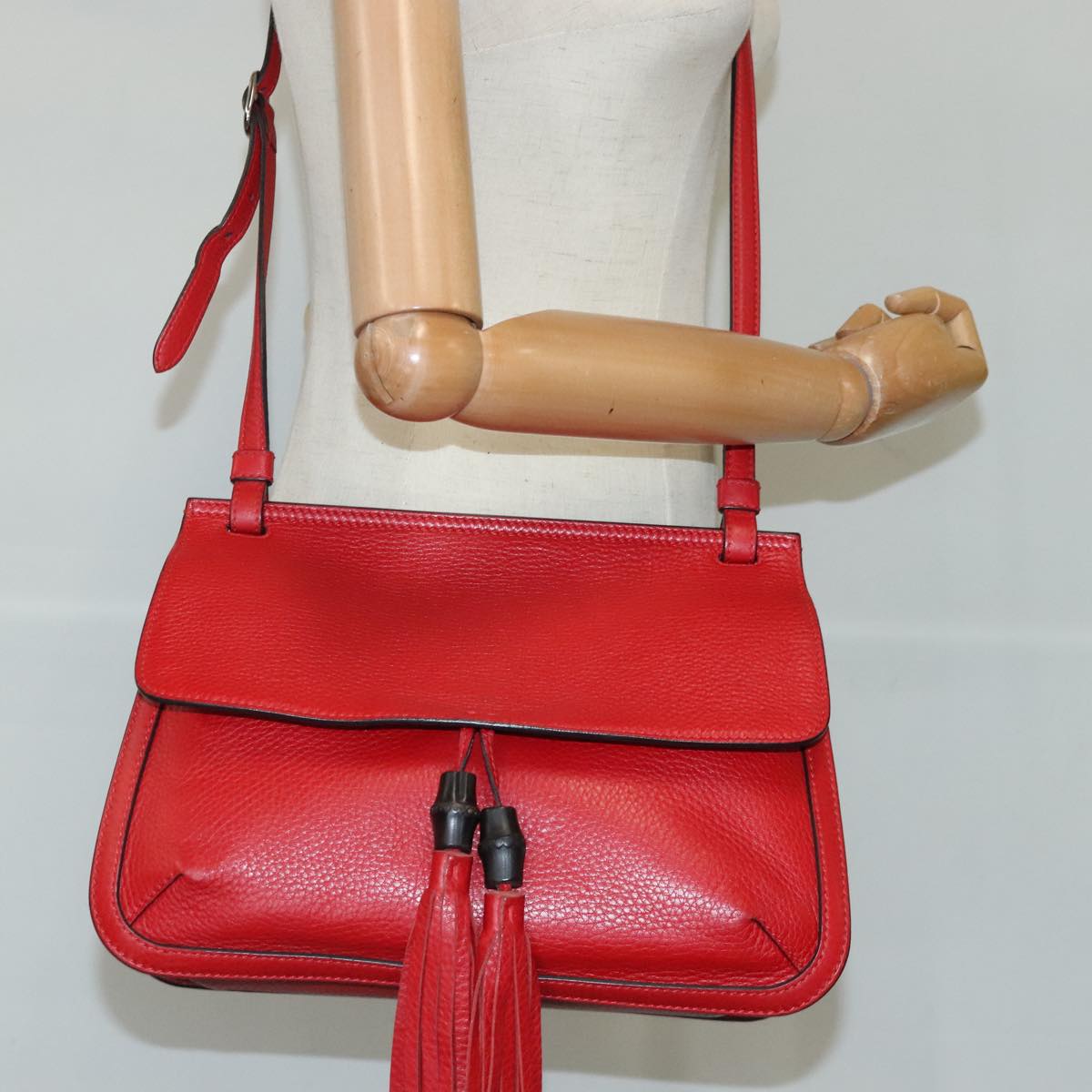 GUCCI Bamboo Daily Shoulder Bag Leather Red Silver 370826 bs19665