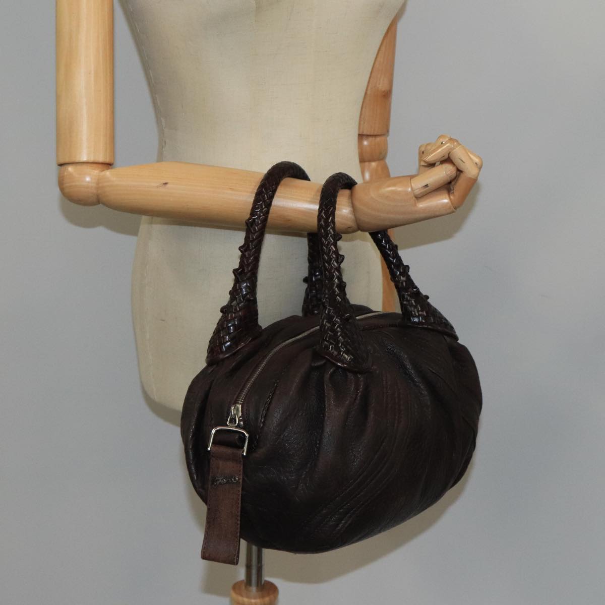 FENDI Spy Bag Hand Bag Leather Brown Silver bs19816