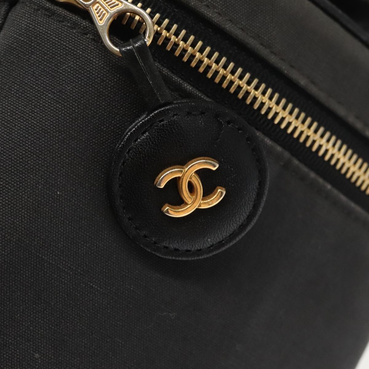 CHANEL Bicolore Vanity Cosmetic Pouch Canvas Leather Black Gold CC bs20025