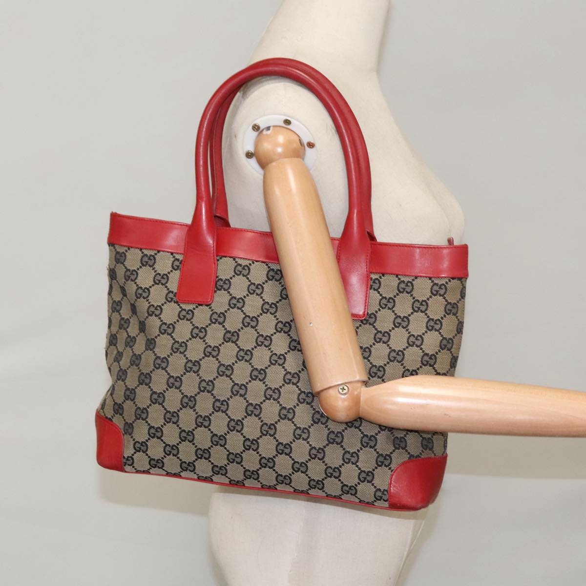 GUCCI GG Canvas Tote Bag Beige Red  Gold 002 1119 bs20331