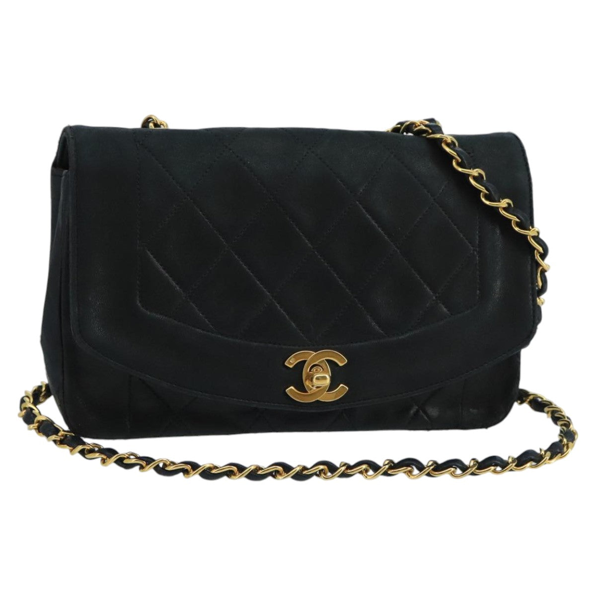CHANEL Diana Matelasse Chain Shoulder Bag Lamb Skin Black Gold CC bs20390