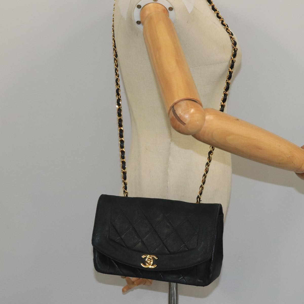 CHANEL Diana Matelasse Chain Shoulder Bag Lamb Skin Black Gold CC bs20390