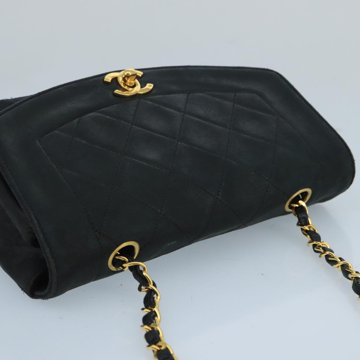 CHANEL Diana Matelasse Chain Shoulder Bag Lamb Skin Black Gold CC bs20390