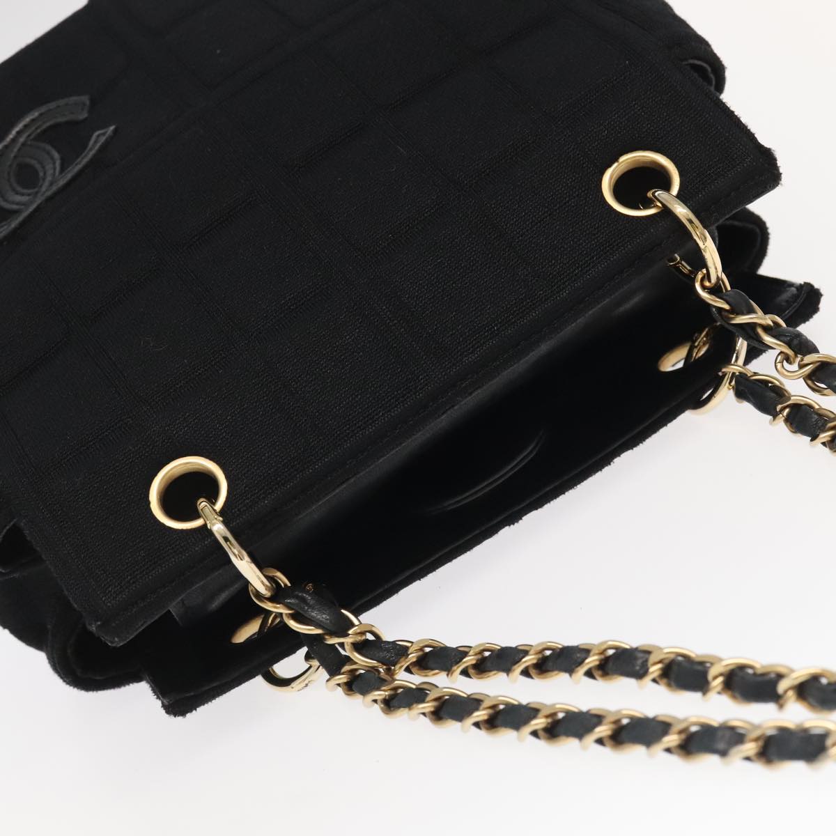 CHANEL Choco Bar Chain Hand Bag Cotton Black CC bs20540