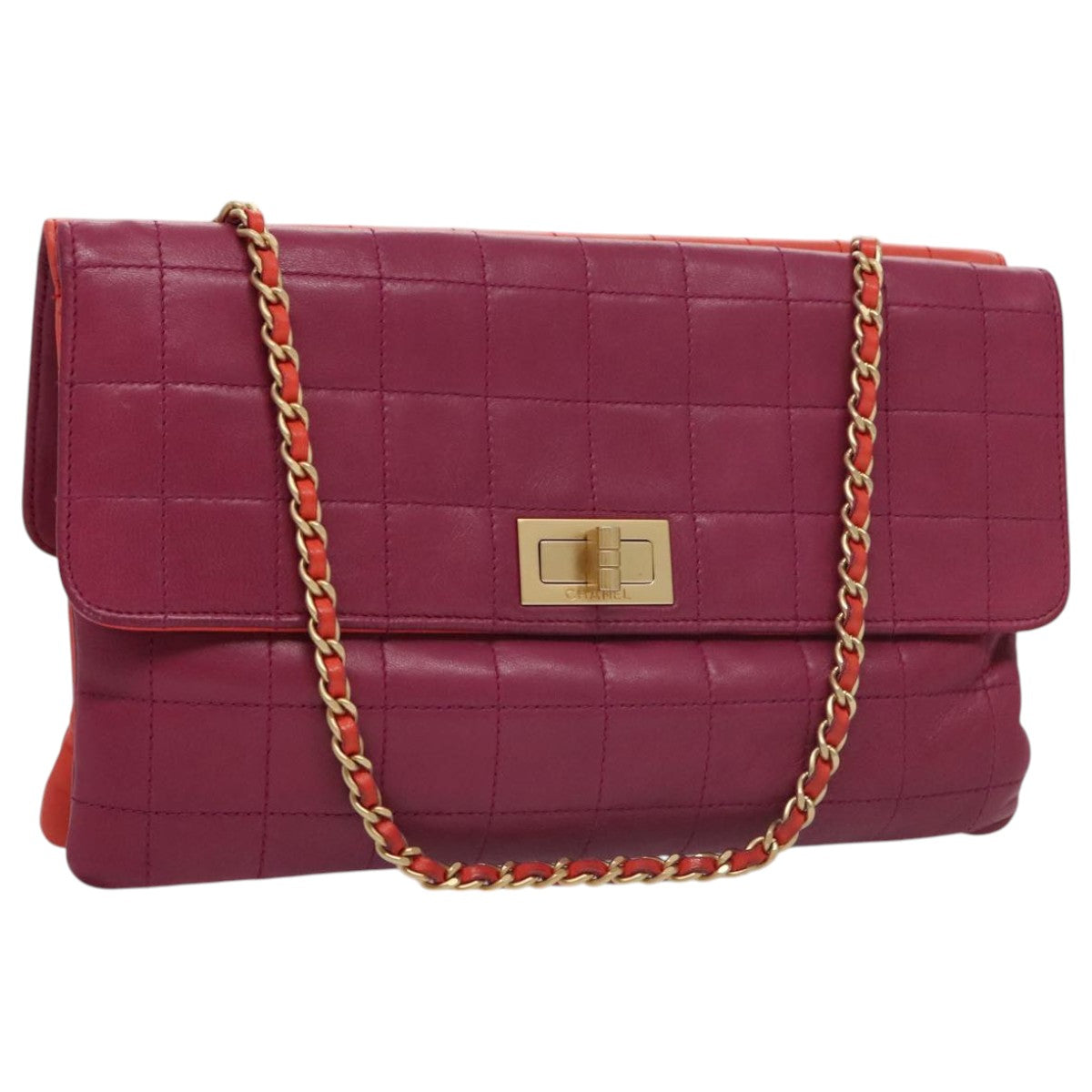 CHANEL Choco Bar Chain Hand Bag Lamb Skin Purple Pink CC bs20703