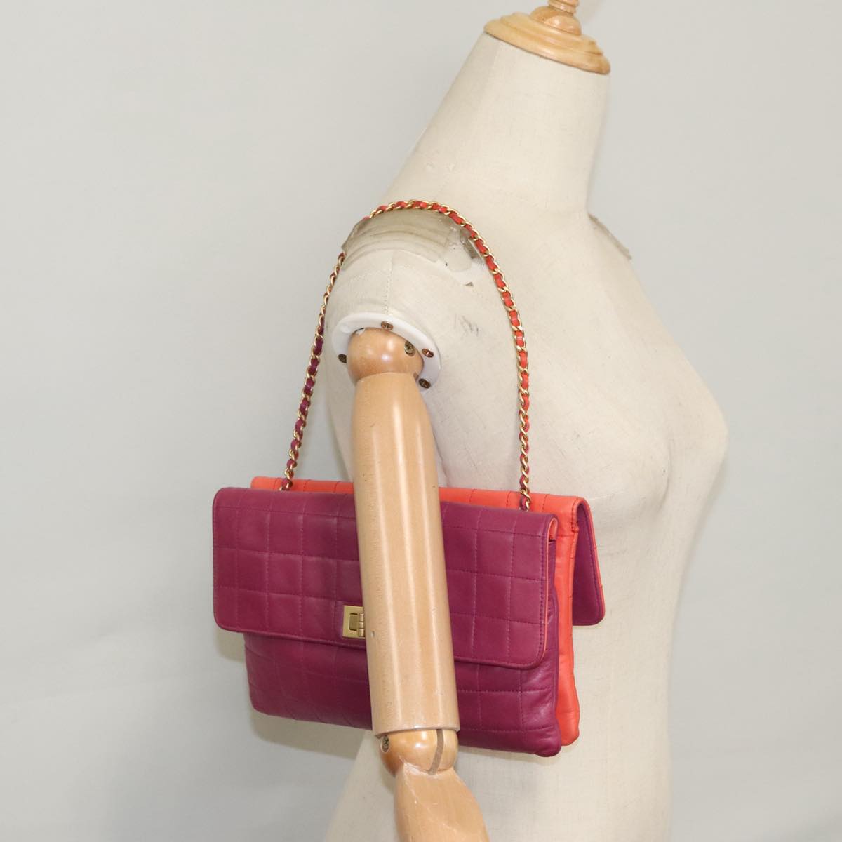 CHANEL Choco Bar Chain Hand Bag Lamb Skin Purple Pink CC bs20703