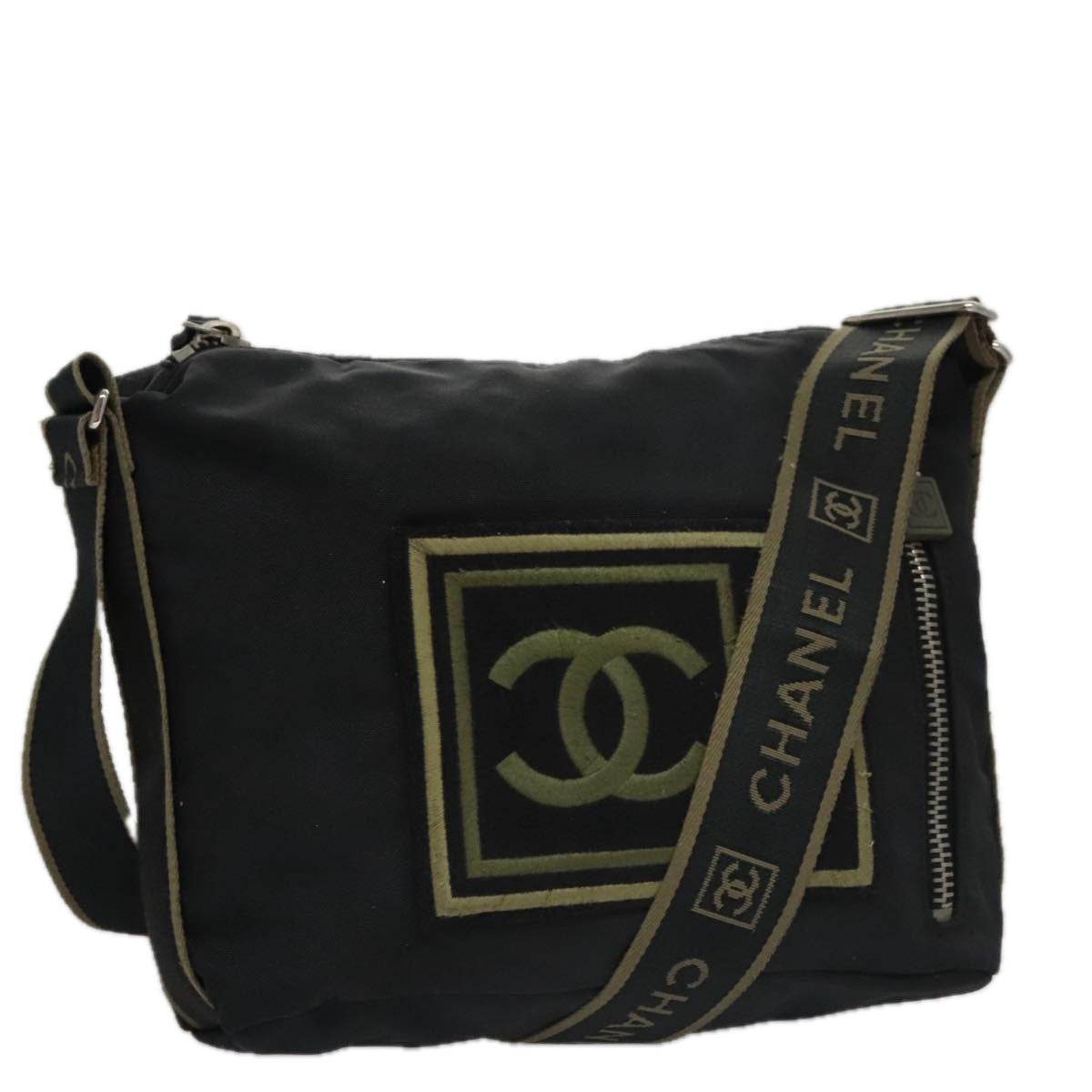 CHANEL Sports Shoulder Bag Nylon Black Khaki Silver CC bs20802