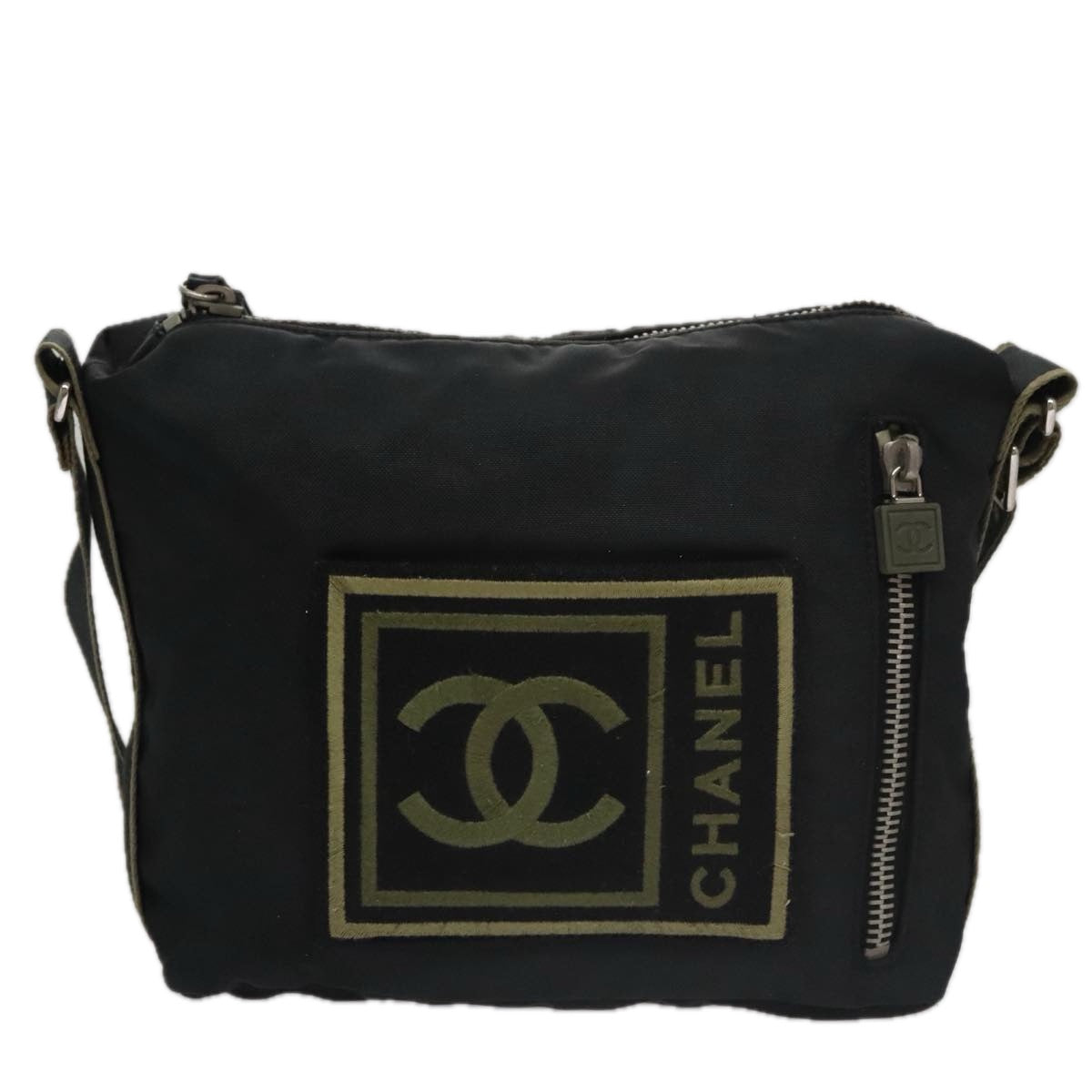 CHANEL Sports Shoulder Bag Nylon Black Khaki Silver CC bs20802